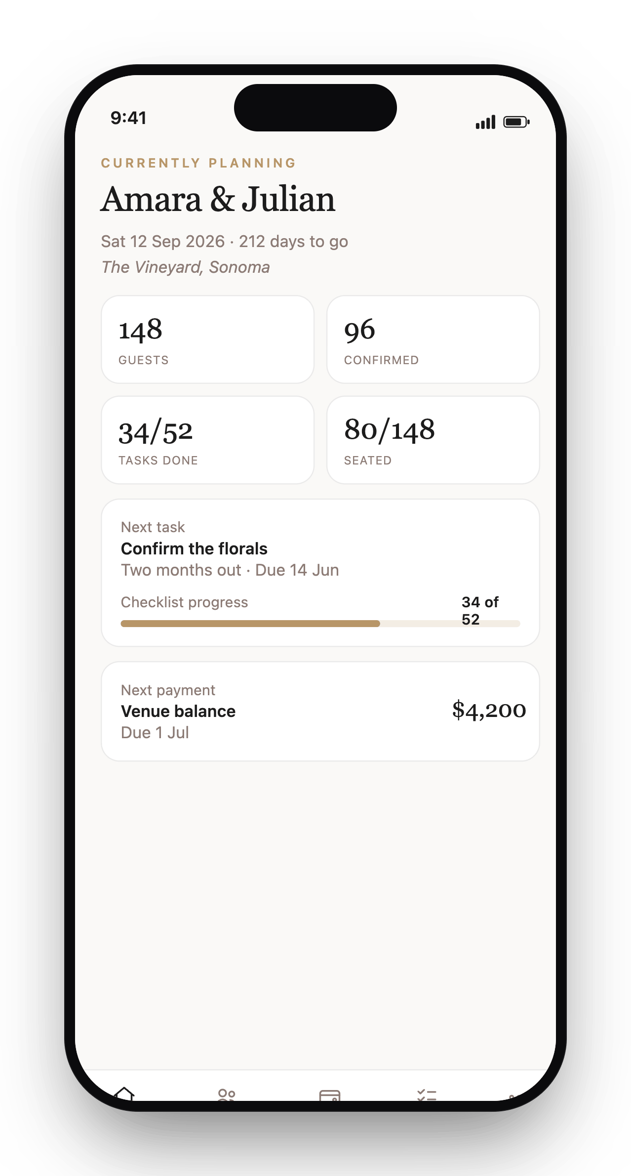 The My Wedding Planner dashboard on iPhone — countdown, next task and budget at a glance